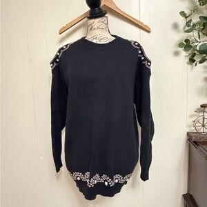 Clodia Dee L Cold Shoulder Studded Western Preppy Women’s Sweater  Rhinestone